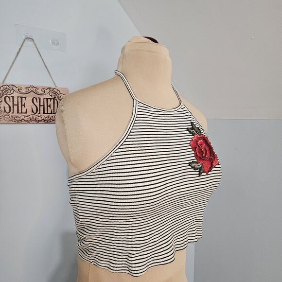 White Fawn Top Rose Embroidered Halter Crop Top Large Striped Summer Y2K Floral - Picture 4 of 12